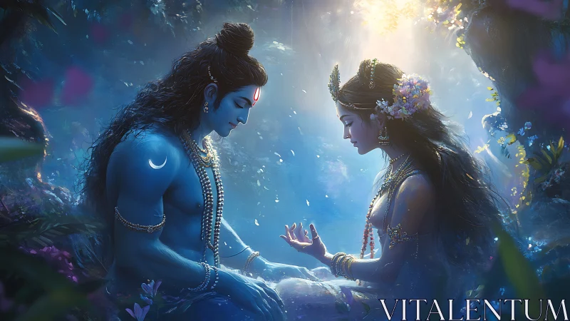 Divine blue couple share serene devotion in moonlit forest.