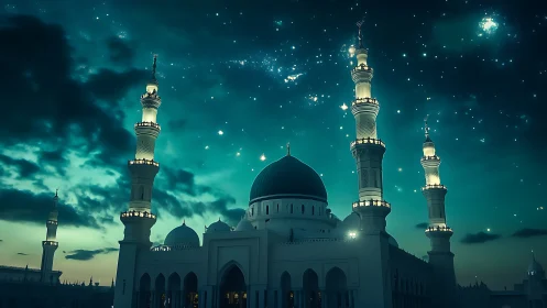 Mosque structure is rendered beneath a dense star field