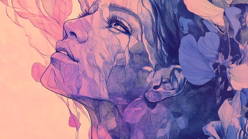 Surreal floral portrait with layered linework and glow.