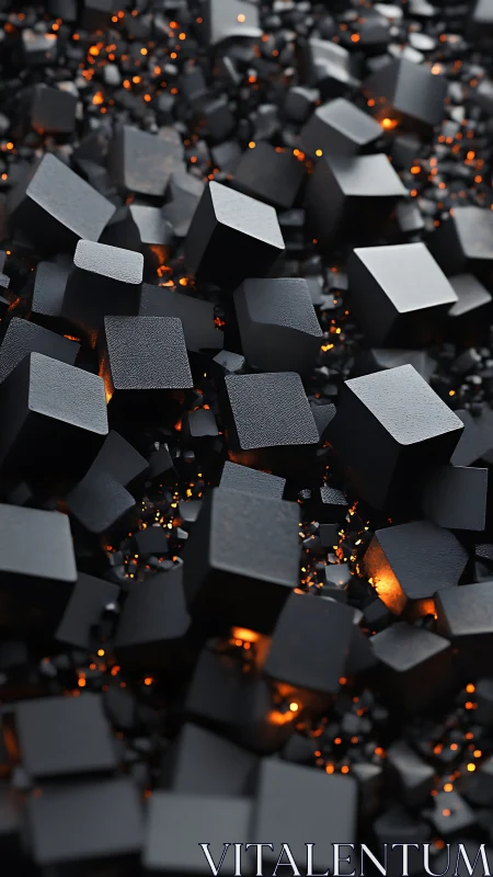 Volumetric black cubes drift above molten ember core glow