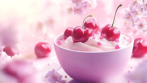 Cherry yogurt dessert rests in a dreamy pink spring glow
