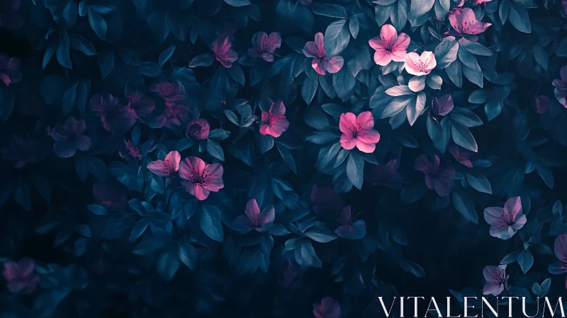 Midnight Blooms: Pink Blossoms Whisper Through Shadows.