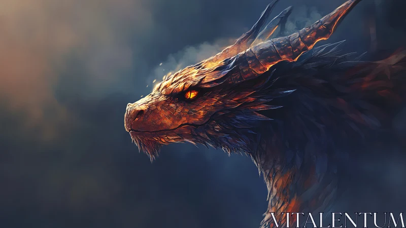 Fiery horned dragon portrait against dark smoky void.