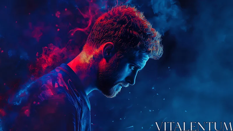 Neon-lit male portrait in dual-tone cinematic digital painting.