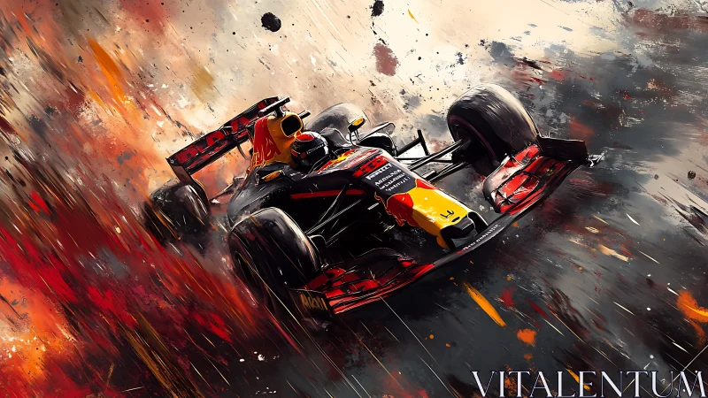 Dynamic Formula racing car in abstract motion-smeared livery