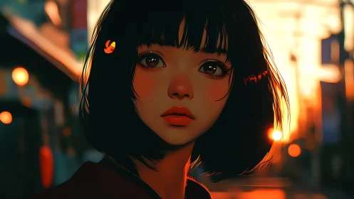 Digital portrait of girl at sunset on blurred city street.