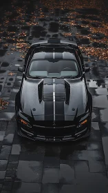 Black sports car top view on wet pavement with autumn leaves.