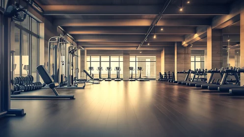 Spacious modern gym interior with equipment and windows.