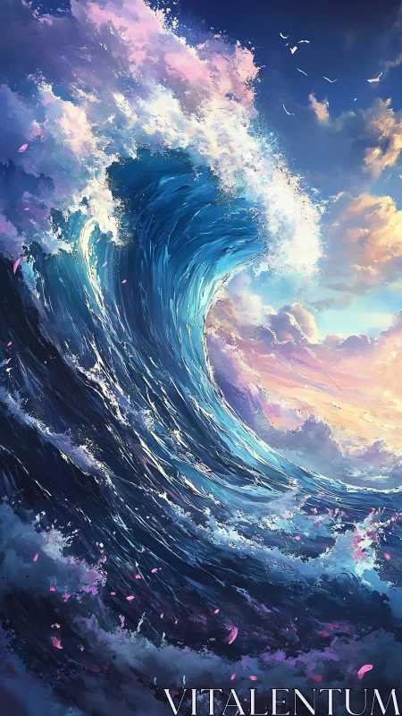 Dynamic cresting wave intersects luminous sunset cloud field