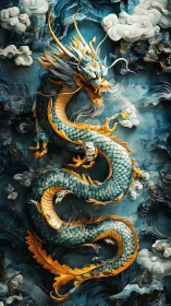 Digital painting of coiled azure dragon in sculpted cloud relief.