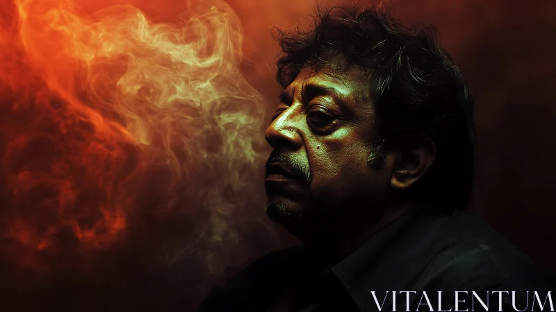 Low-key male portrait in side profile with swirling smoke field