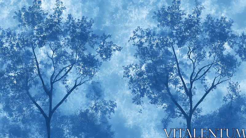 Monochrome blue forest silhouettes echo in soft misty light.