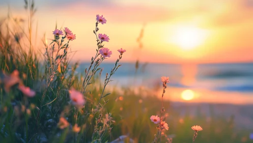 Soft sunset light over coastal wildflowers at shoreline.