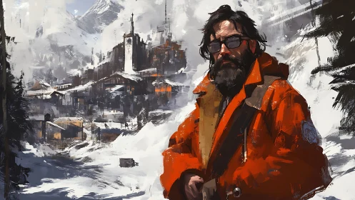Bearded man in orange parka before snow-covered mountain town.