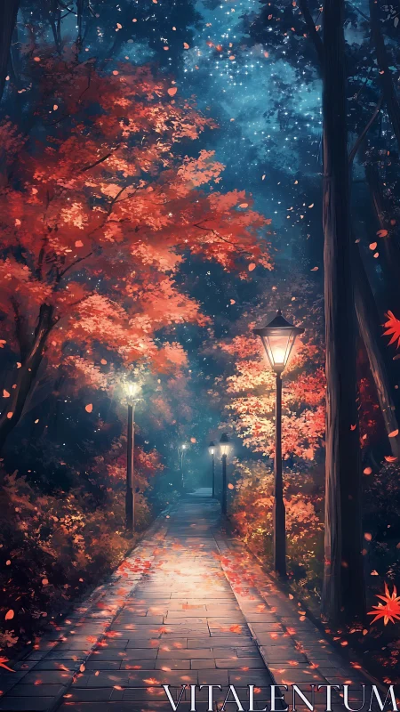 Night pathway runs through autumn forest under lamplight