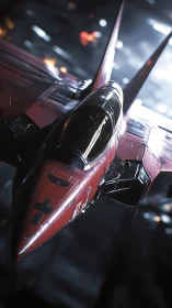 Futuristic red fighter jet idles in a moody hangar bay.