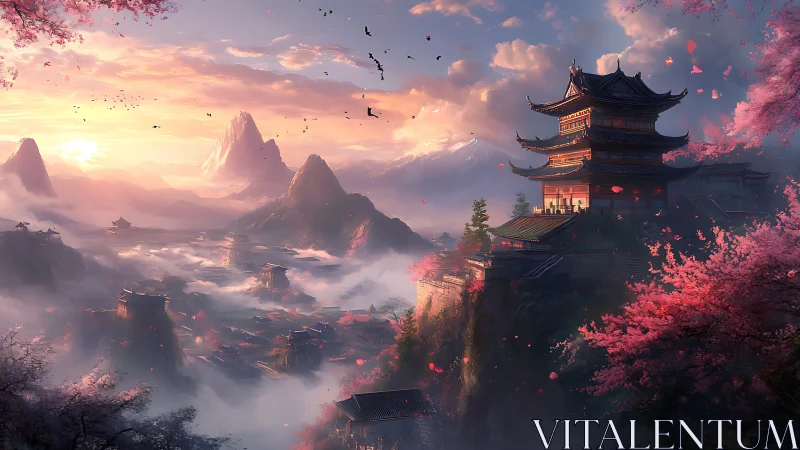Sunlit mountain temple overlooks misty valley in bloom