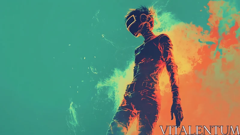 Neon-silhouetted cyber hero stands against blazing void