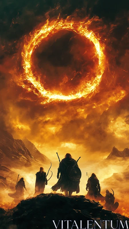 Fiery celestial ring above fantasy warriors in blazing valley.