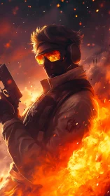 Armed tactical fighter stands in flames and flying embers.