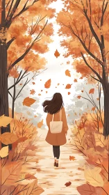 Solitary woman walks forest path under swirling autumn leaves