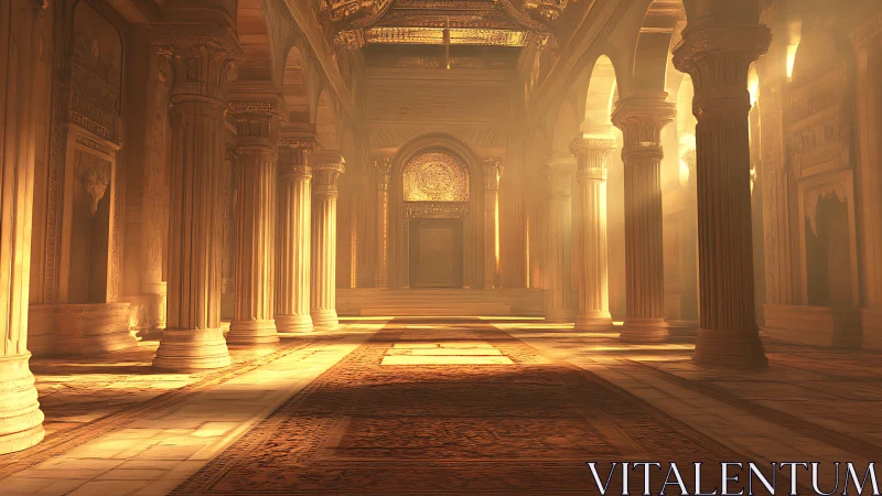 Golden sunlit palace hall with ornate marble columns.