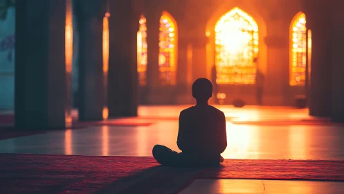 Quiet sunrise meditation in a glowing, sacred hall.