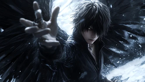 Raven‑winged fallen angel reaches through winter storm void.