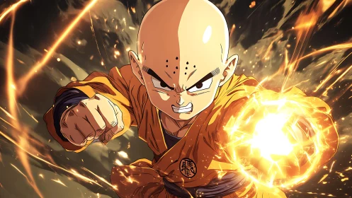 Bald warrior unleashes blazing energy attack in midair battle.