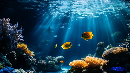 Tropical reef fish glide through sunlit underwater canyon.