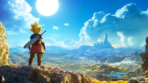 Young sword-wielding hero overlooking vast fantasy valley.