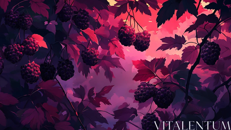 Twilight berry canopy under painted magenta dusk sky.