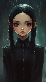 Gothic girl portrait with braids in cinematic rainlight.