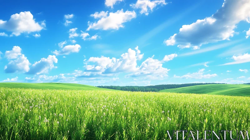 Sunlit green meadow under vivid blue summer sky.