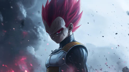 Red haired armored character stands amid drifting debris