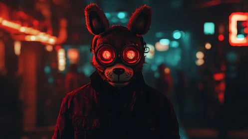 Canine gas mask figure in neon lit cyberpunk street scene.