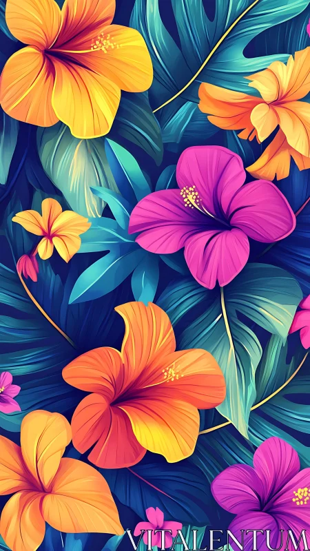 Vibrant Tropical Hibiscus Composition with Gradient Foliage