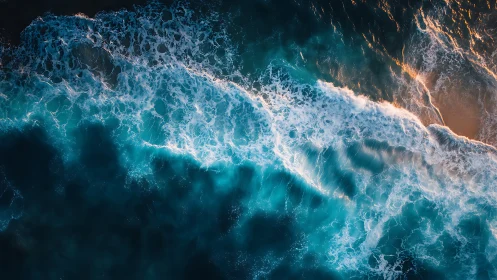 Aerial ocean breakers crash over glowing shoreline edge