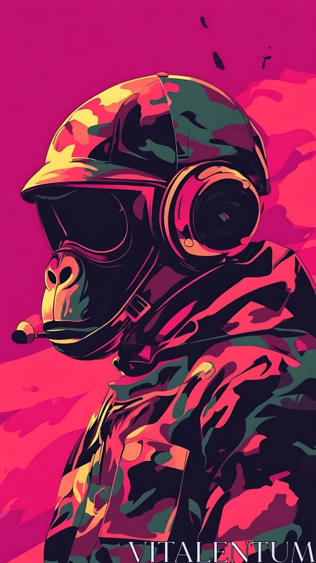Simian soldier in helmet and camo suit against pink sky.