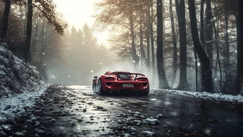 Red supercar cuts through misty winter forest road