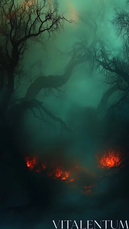 Haunted forest looms over smoldering embers in dense fog.