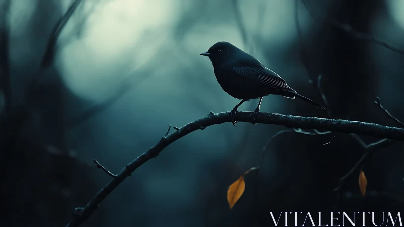 Solitary Bird Perched in Misty Forest Stillness.