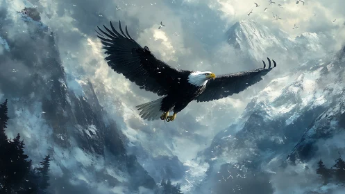 Majestic bald eagle soaring over snowy mountain landscape in realism.