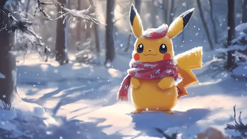 Pikachu in diffuse winter forest illumination, scarfed and static.