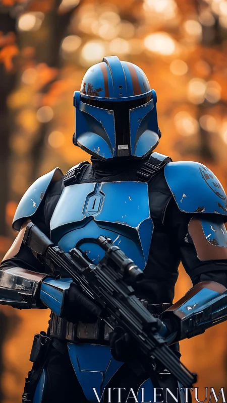 Blue armored sci fi soldier holding rifle in autumn forest.