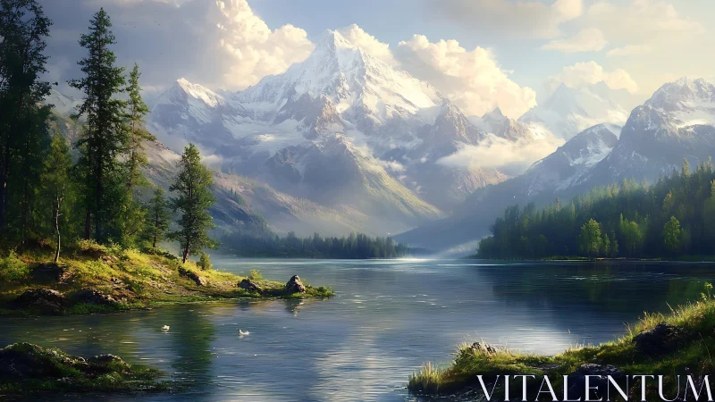 Sunlit mountain lake wrapped in peaceful forest calm.