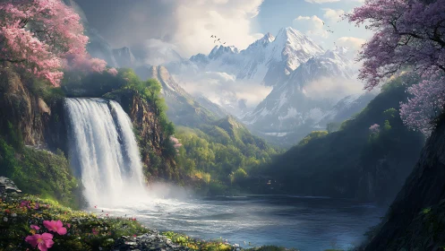 Snow-capped mountains rise above serene waterfall valley.