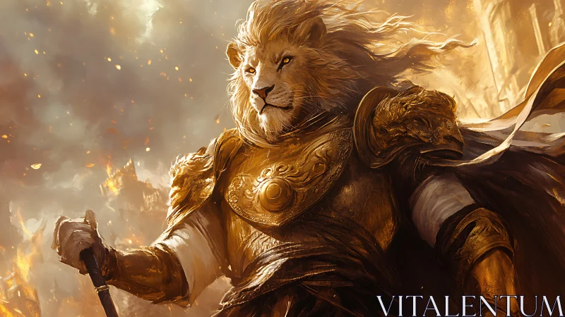 Lion paladin in golden armor amid blazing war-torn city.