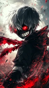 Red eyed masked anime figure in swirling crimson energy.