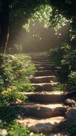 Forest path with stone steps and dappled light.